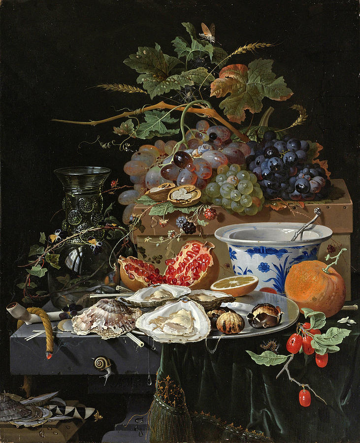 Fruit Oysters and a Porcelain Bowl Painting by Abraham Mignon - Fine ...