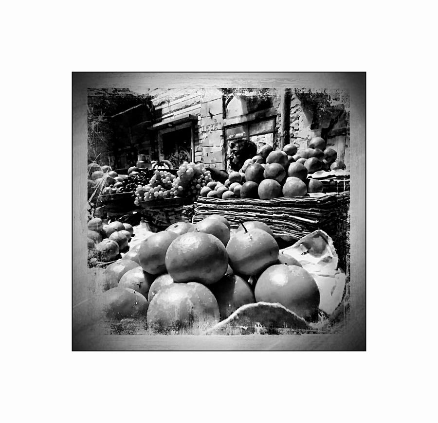 Fruit Seller Blue City Street India Rajasthan BW 1b Photograph by Sue Jacobi