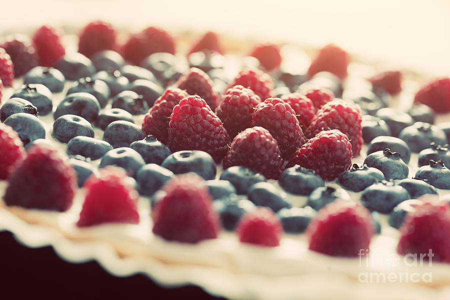 Fruit Photograph - Fruit tart with fresh raspberry and blueberry by Michal Bednarek