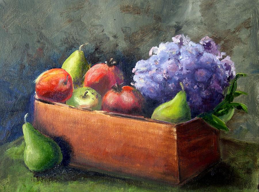 Fruit with Hydrangea Painting by Patricia Caldwell