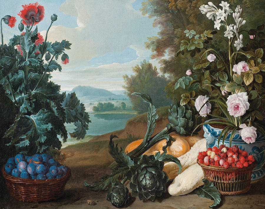 Fruits Flowers and Vegetables in a Landscape Painting by Alexandre-Francois Desportes