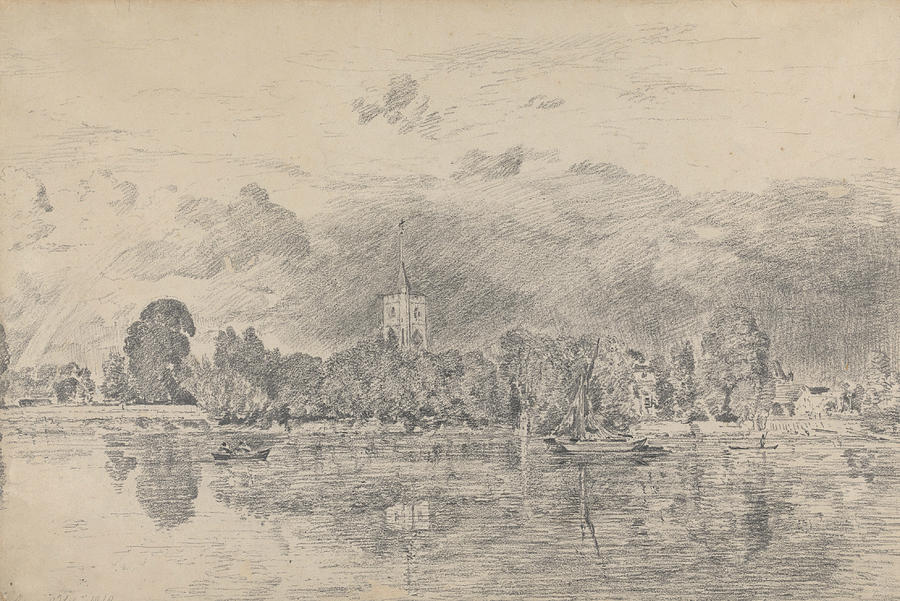 Fulham Church from across the River Drawing by John Constable