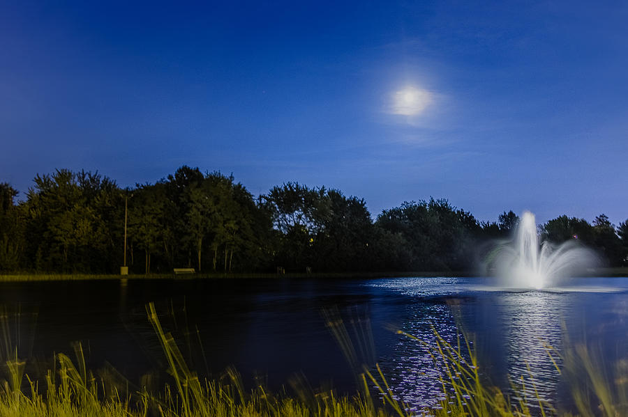 Nature Photograph - Full moon and water fountain by SAURAVphoto Online Store