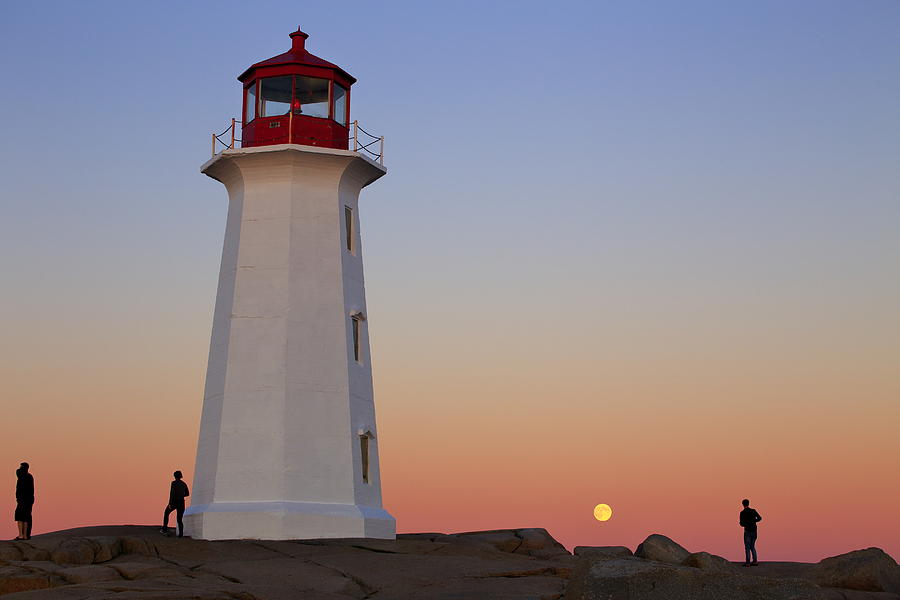 Full moon at Peggys Point Lighthouse, Nova Scotia Photograph by Gary Corbett