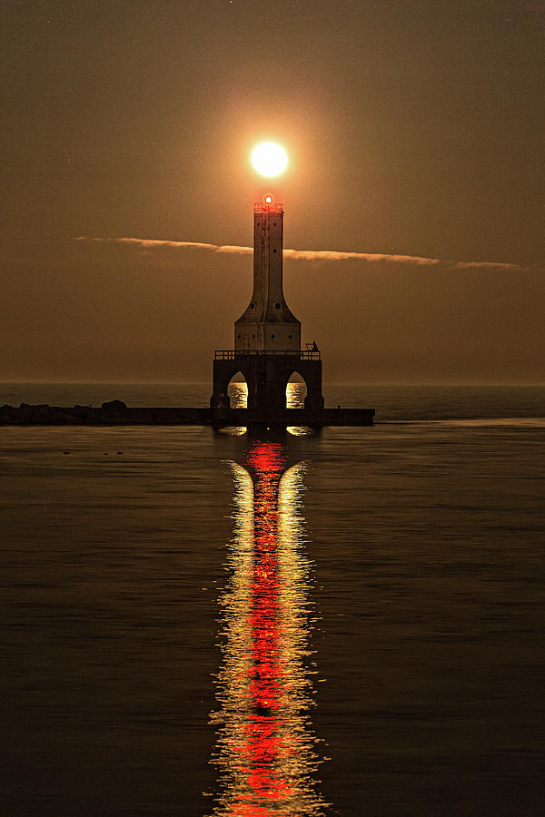 Lake Michigan Photograph - Full Moon At The Port Lighthouse by Jeffrey Ewig