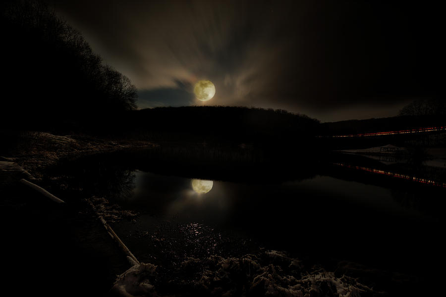 Full moon at trout pond at night Photograph by Dan Friend
