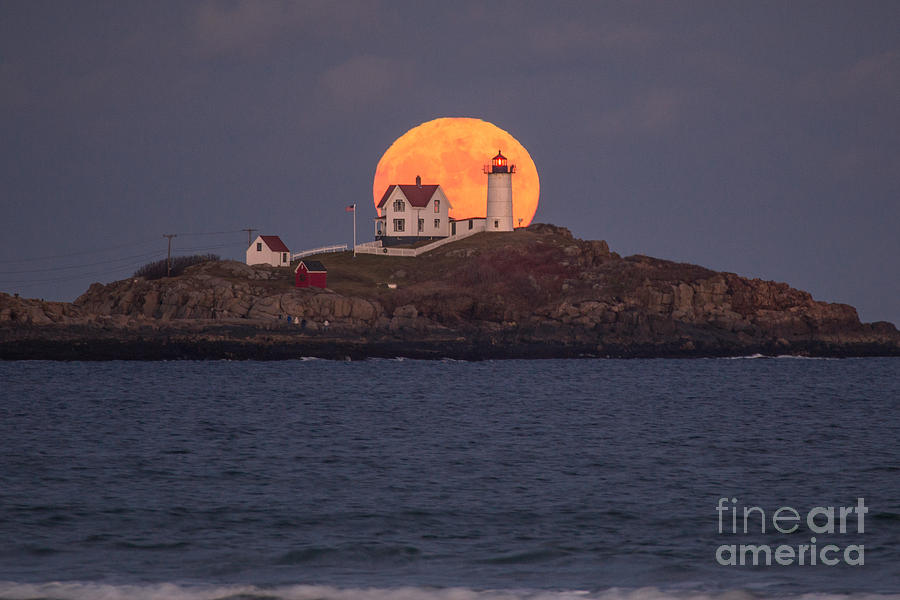 Winter Photograph - Full Moon Behind Nubble by Benjamin Williamson