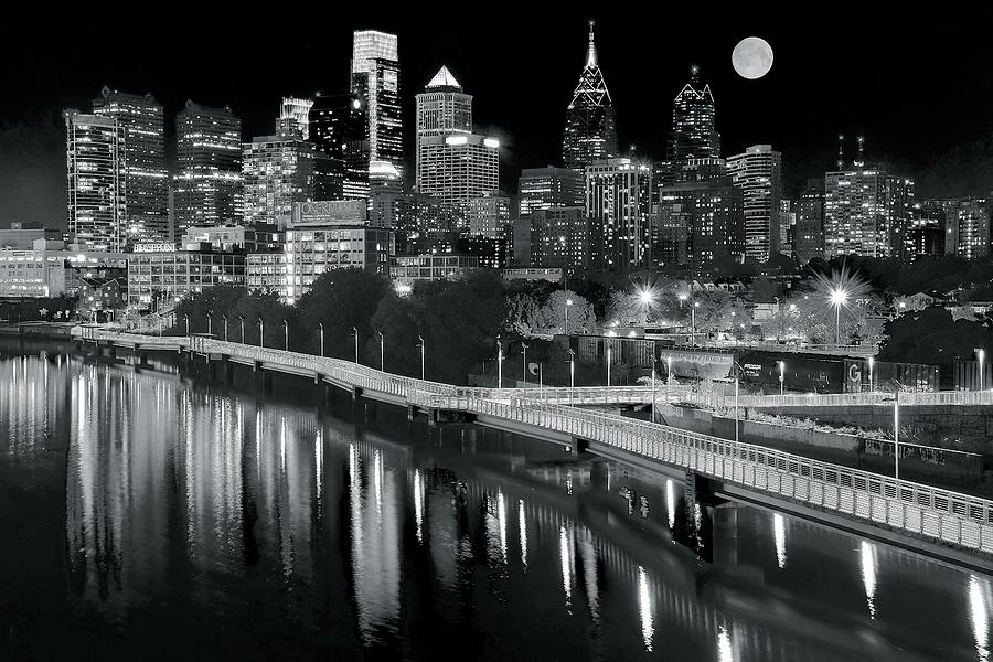 Philadelphia Photograph - Full Moon Black and White in Philly by Frozen in Time Fine Art Photography