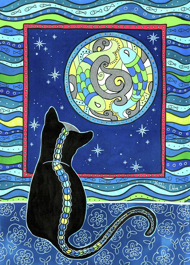 Cat Painting - Pisces Cat Zodiac - Full Moon by Dora Hathazi Mendes