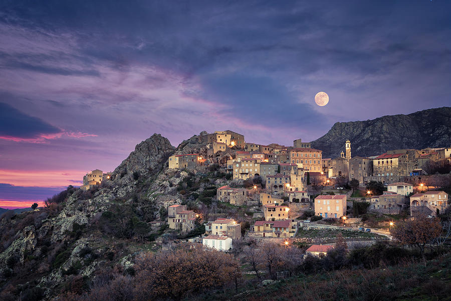 Full moon over Balagne village of Speloncato in Corsica Photograph by Jon Ingall
