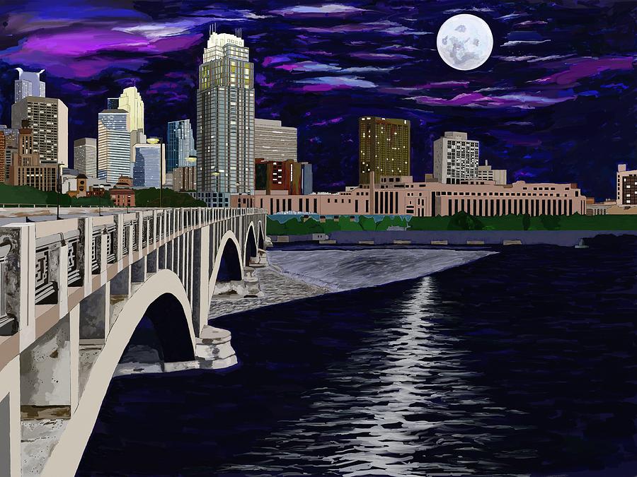Minneapolis Painting - Full Moon Over Minneapolis by Jeanne Fischer