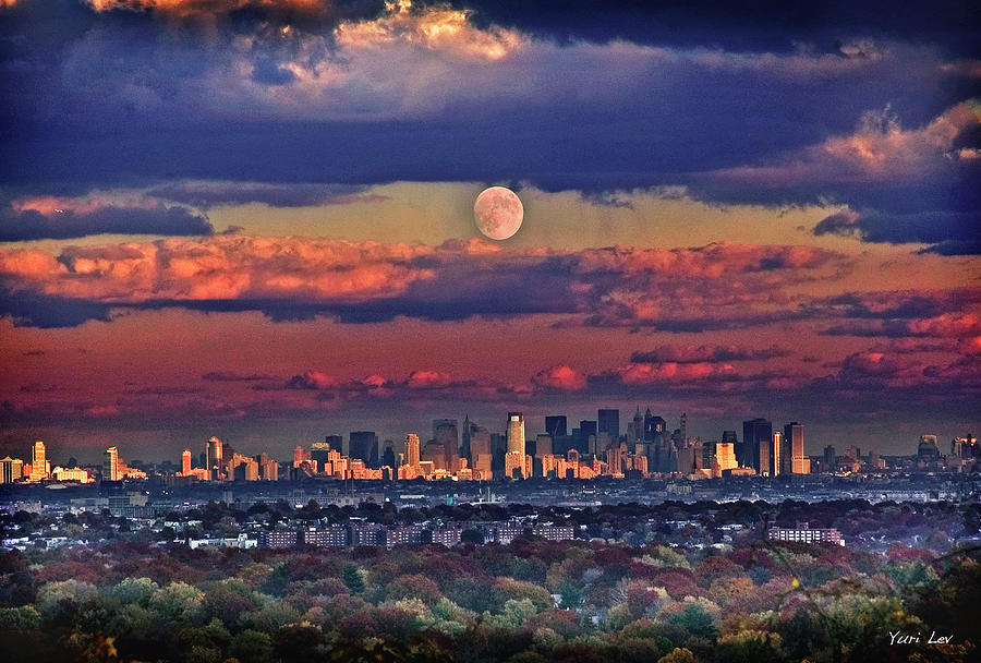 New York City Skyline Mixed Media - Full Moon over New York City in October by Yuri Lev
