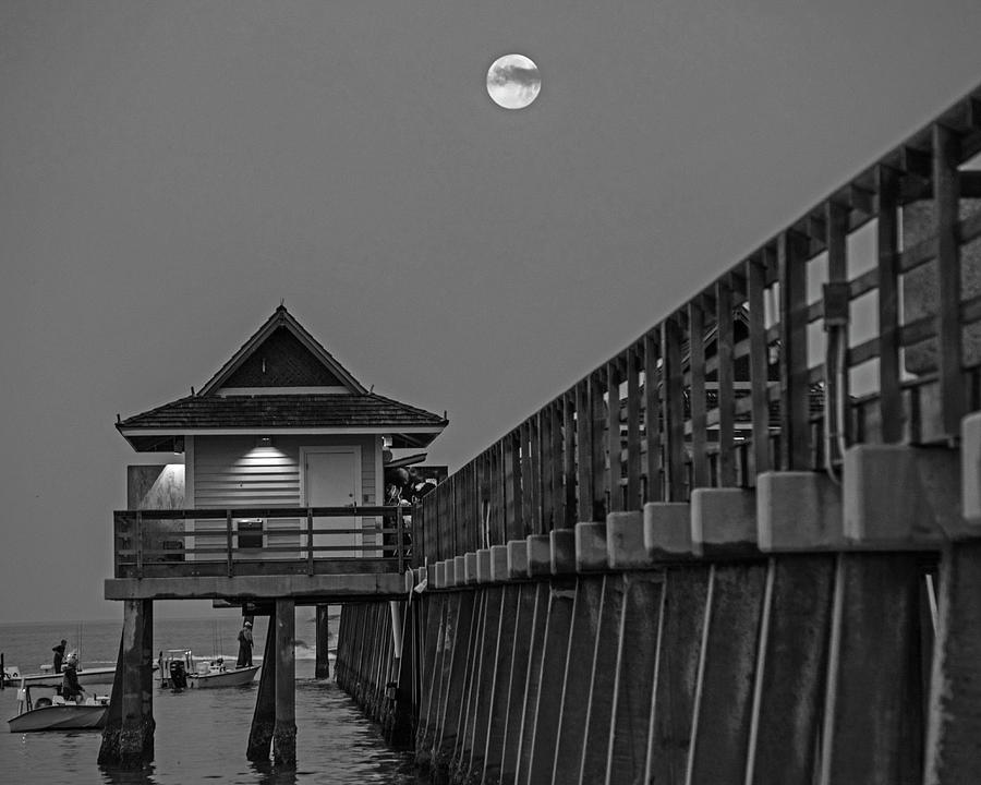 Full Moon over the Naples Pier at Sunrise Naples Florida Blue Moon Black and White Photograph by Toby McGuire