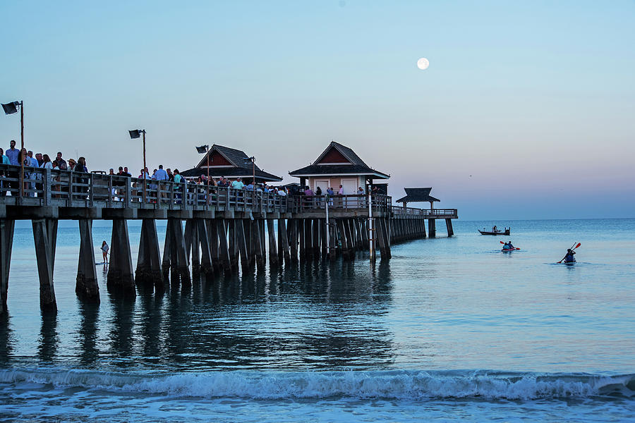 Full Moon over the Naples Pier at Sunrise Naples Florida Photograph by Toby McGuire