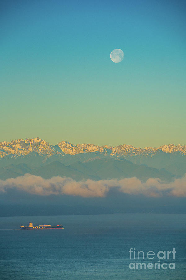 Full Moon Over The Olympics At Sunrise Photograph