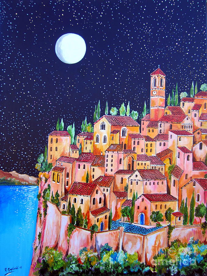 Nature Painting - Full Moon Over The Village by The Lake by Roberto Gagliardi