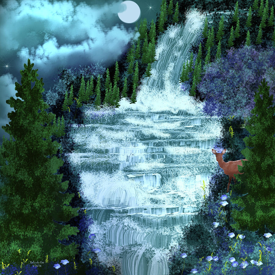 Full Moon over the Waterfall Digital Art by Artful Oasis
