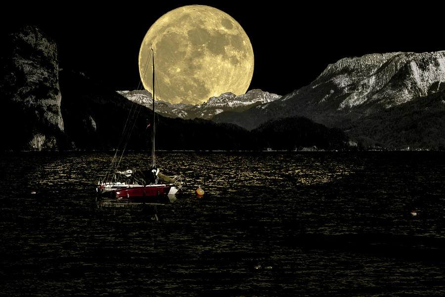 Full moon over Wolfgangsee Photograph by Wolfgang Stocker