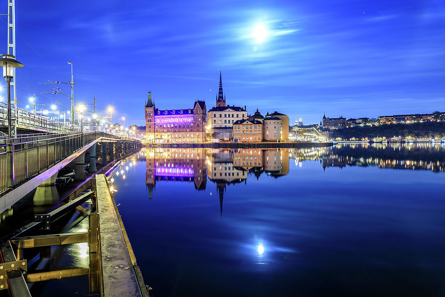 Full Moon Photograph - Full moon perfect reflection over Riddarholmen in Stockholm in the Blue Hour by Dejan Kostic Full Moon Photograph - Full moon perfect reflection over Riddarholmen in Stockholm in the Blue Hour by Dejan Kostic