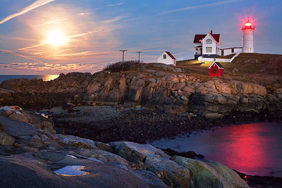 Full Moon Rise At Nubble Lighthouse Photograph by Eric Gendron