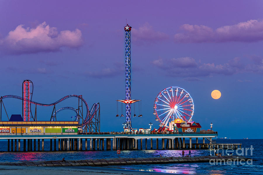 Full Moon Rising and Historic Pleasure Pier in Galveston Island - Texas Gulf Coast Photograph by Silvio Ligutti