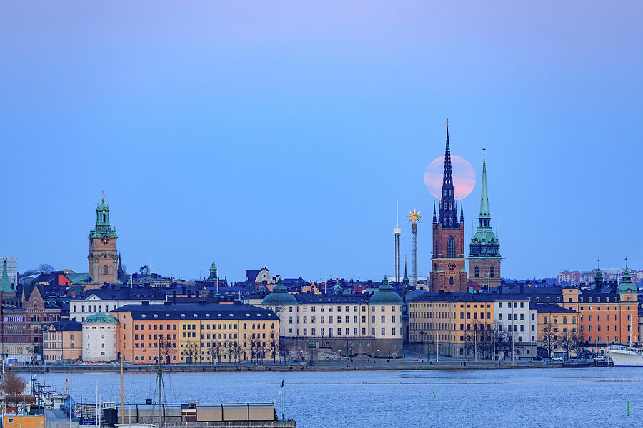 Full Moon Photograph - Full moon rising over Gamla Stan Churches in Stockholm by Dejan Kostic Full Moon Photograph - Full moon rising over Gamla Stan Churches in Stockholm by Dejan Kostic