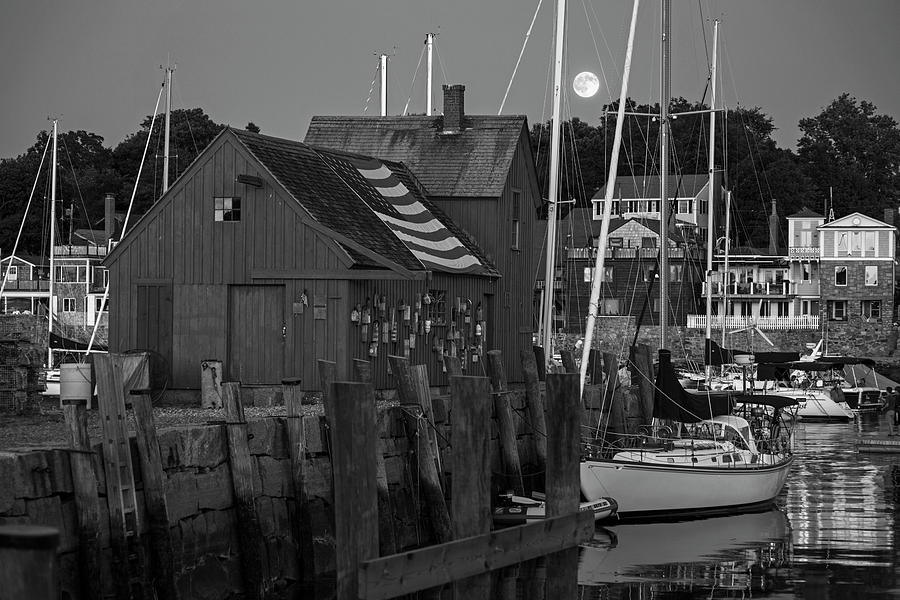 Full Moon rising over Motif  Number 1 Rockport MA Black and White Photograph by Toby McGuire