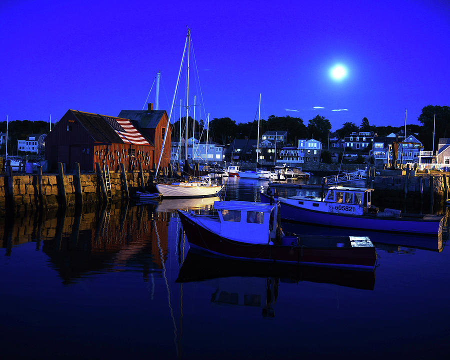 Rockport Photograph - Full Moon rising over Motif  Number 1 Rockport MA Blue Sky by Toby McGuire