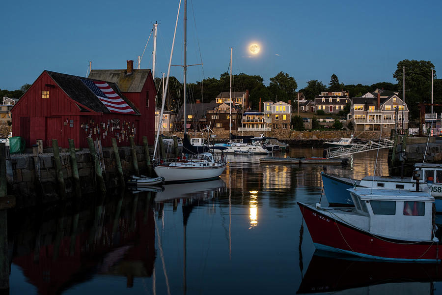Full Moon rising over Motif  Number 1 Rockport MA moonrise Photograph by Toby McGuire