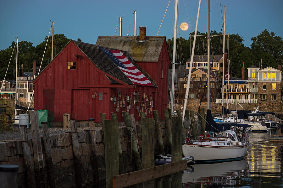 Rockport Photograph - Full Moon rising over Motif  Number 1 Rockport MA by Toby McGuire