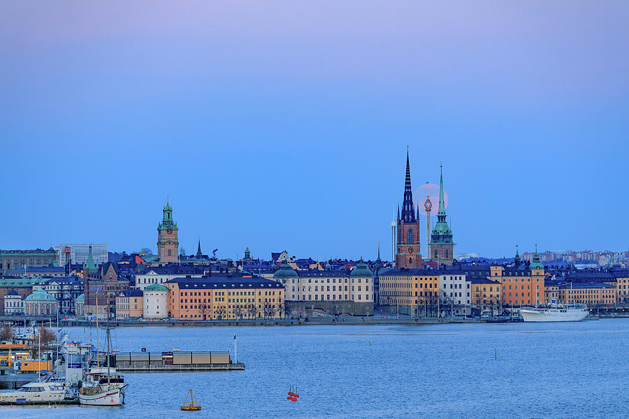 Full Moon Photograph - Full moon rising over the Trio of Gamla Stan Churches in Stockholm by Dejan Kostic Full Moon Photograph - Full moon rising over the Trio of Gamla Stan Churches in Stockholm by Dejan Kostic