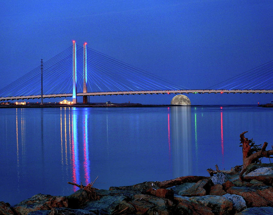 Full Moon Rising Under the Indian River Bridge Photograph by Bill Swartwout