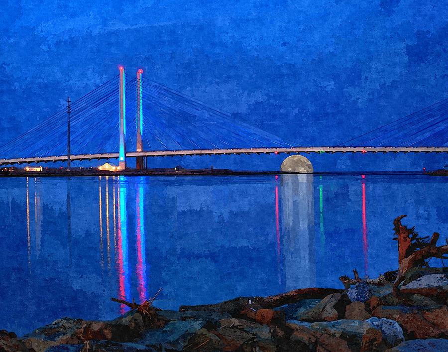 Full Moon Rising Under the Indian River Bridge Painterly Style Photograph by Bill Swartwout