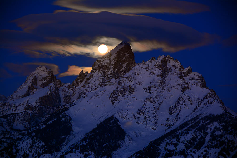 Full Moon Sets Over the Grand Teton Photograph by Raymond Salani III