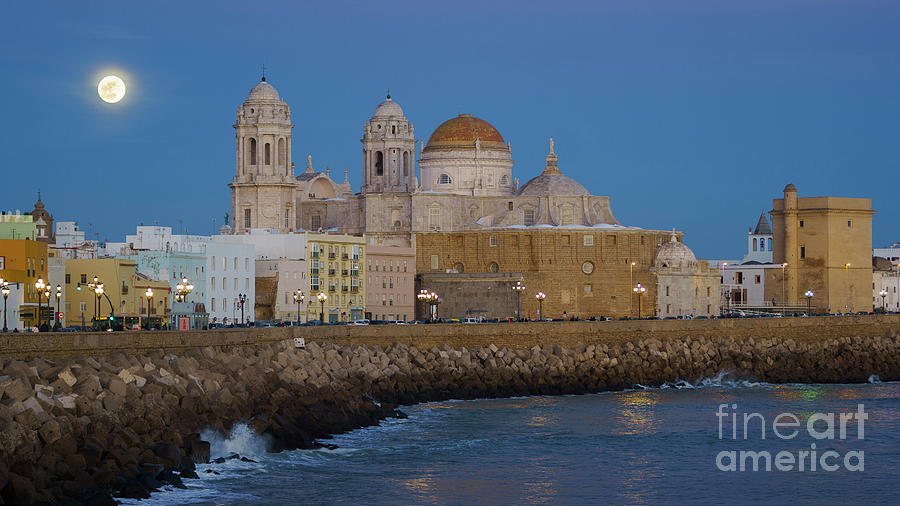 Full Moonrise Over The Cathedral Cadiz Spain Photograph