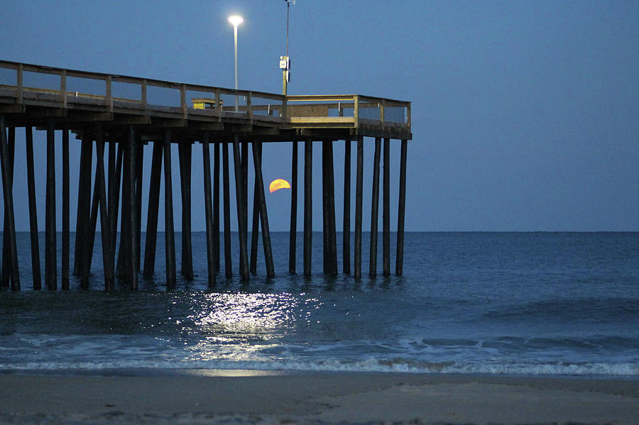 Beach Photograph - Full Worm Moon Thru The Pier by Robert Banach