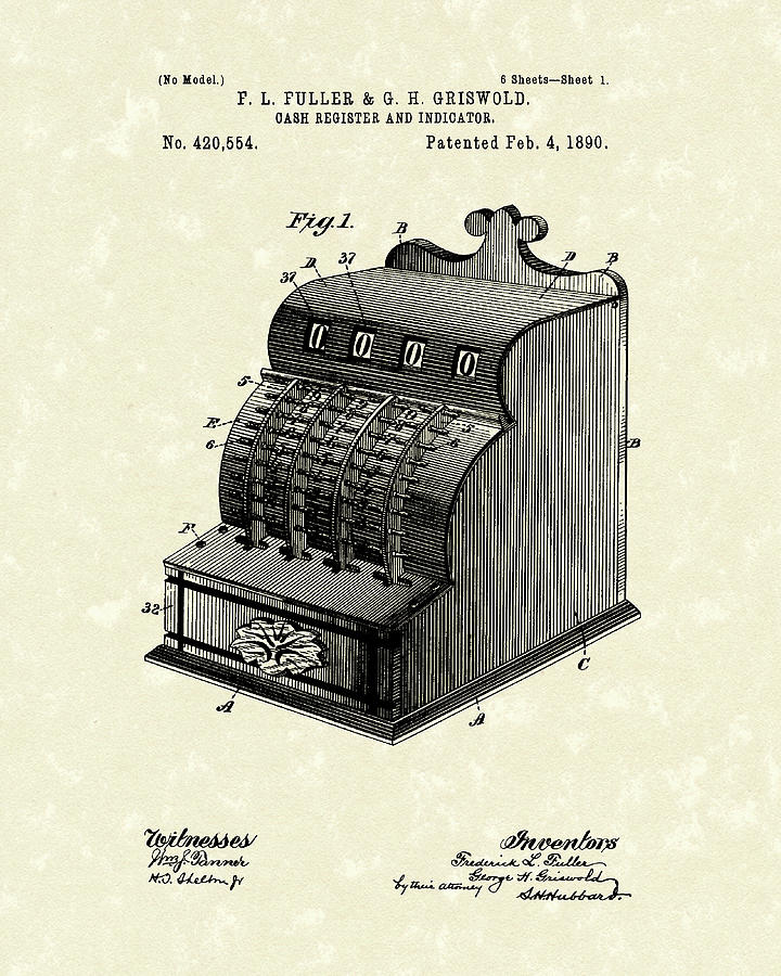 Fuller Drawing - Fuller and Griswold Cash Register 1890 Patent Art by Prior Art Design