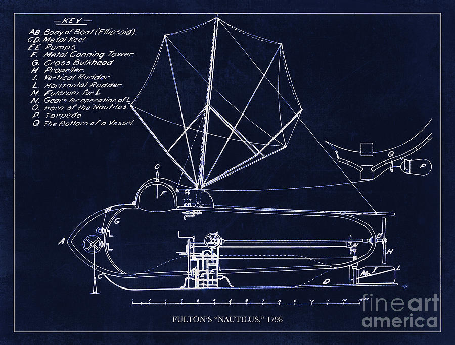 Vintage Drawing - Fultons Nautilus Submarine blueprint drawing circa 1798 by Tina Lavoie