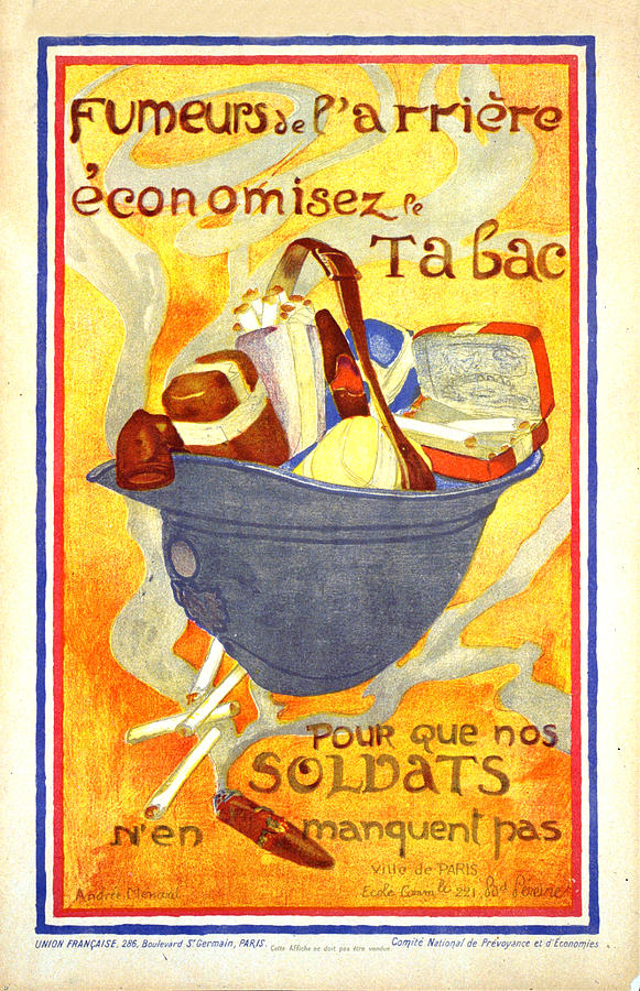 Fumeurs De Larriere Economisez Le Tabac - Soldiers Helmet Filled With Tobacco - Vintage Poster Mixed Media