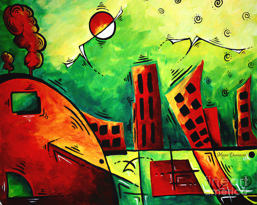Fun Contemporary Abstract PoP Art Style Cityscape Landscape Evergreen by MADART Painting by Megan Aroon