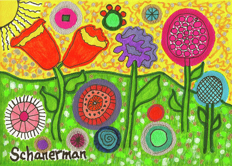 Funky Flowers All In A Row Drawing by Susan Schanerman