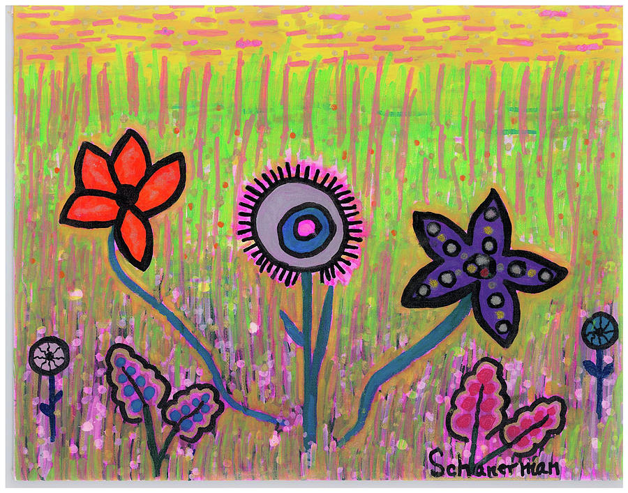 Funky Flowers in a Field of Green Drawing by Susan Schanerman