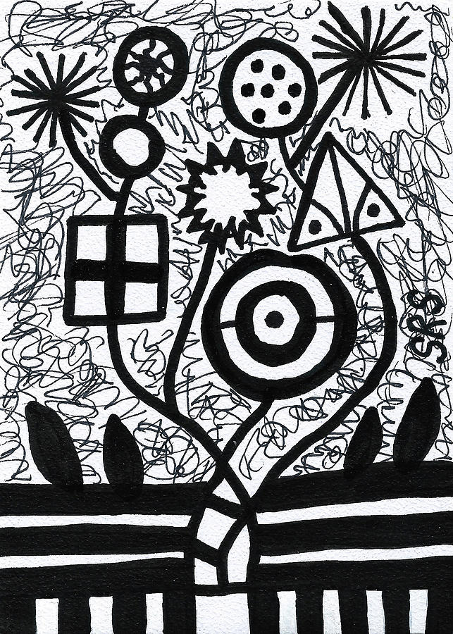 Funky Flowers In Black And White 2 Drawing by Susan Schanerman