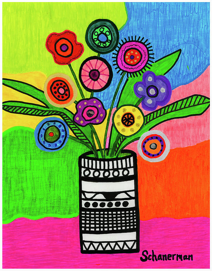Funky Folk Flowers Drawing by Susan Schanerman