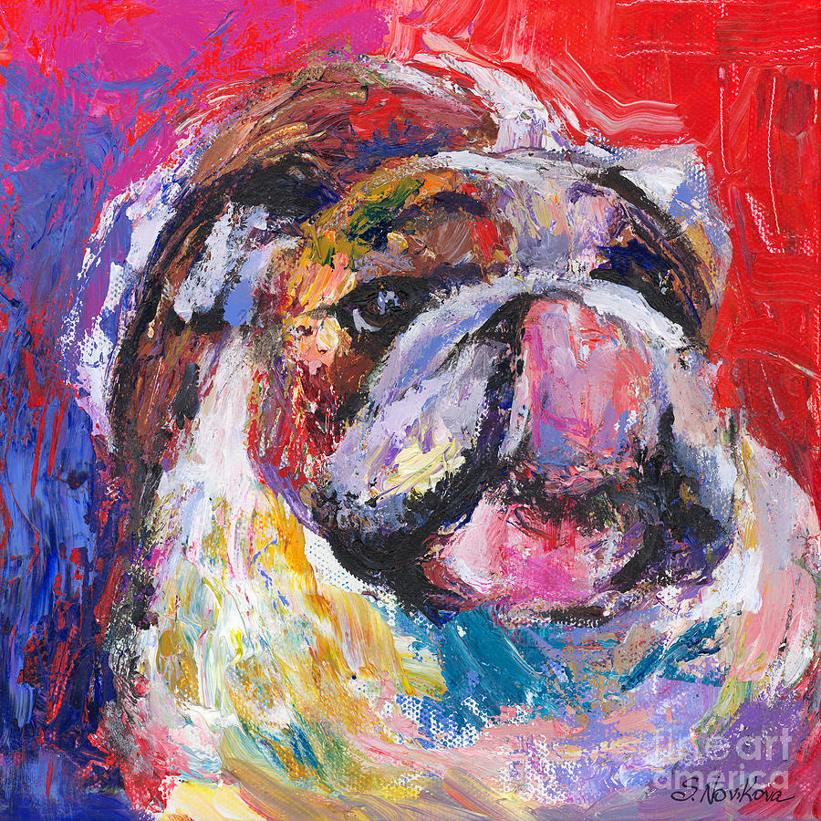 Svetlana Novikova Painting - Funny Bulldog licking his hose painting by Svetlana Novikova