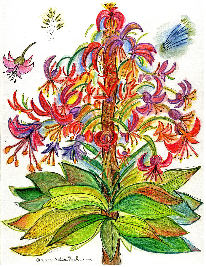 Funny flowers on green plant Painting by Julie Richman Funny flowers on green plant Painting by Julie Richman