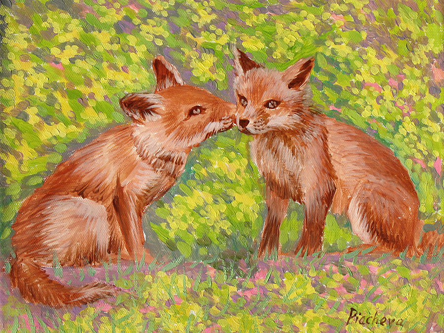 Animals Painting - Funny Foxes .2007 by Natalia Piacheva Animals Painting - Funny Foxes .2007 by Natalia Piacheva
