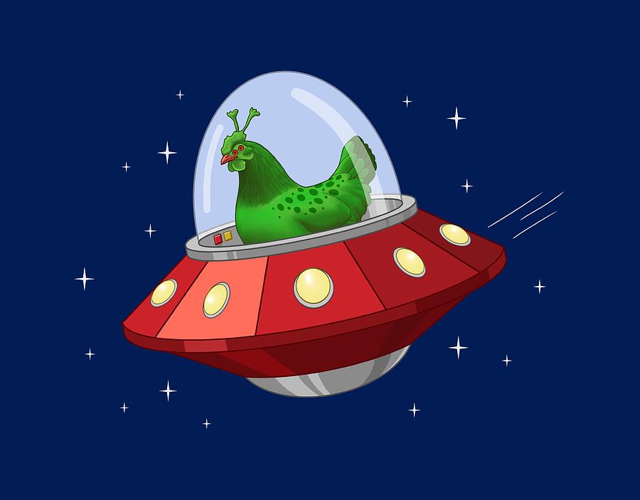 Funny Green Alien Martian Chicken In Flying Saucer Painting by Crista Forest