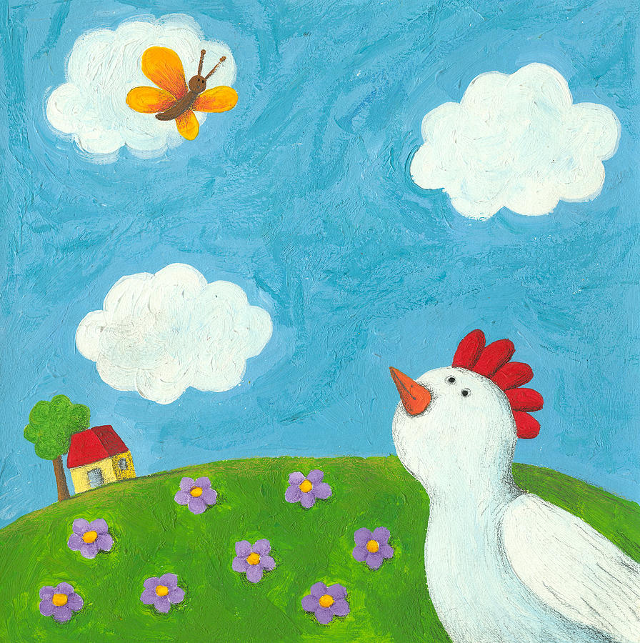 Funny hen and butterfly Painting by Hicham Attalbi alami