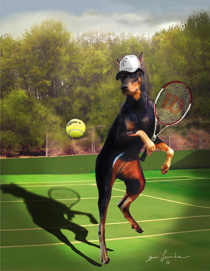 funny pet scene tennis playing Doberman Painting by Regina Femrite